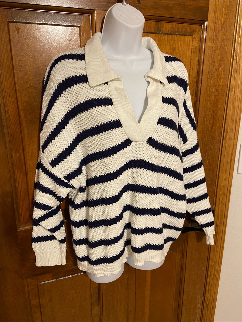 Aerie Ivy Polo Sweater Easy Fit Classic Length Nautical Navy Blue Size Medium - Picture 2 of 11